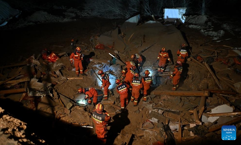 Rescuers are in operation at Caotan Village of Minhe Hui and Tu Autonomous County in Haidong City, northwest China's Qinghai Province, Dec. 19, 2023. Eleven people have been confirmed dead in northwest China's Qinghai Province, after a 6.2-magnitude earthquake jolted the neighboring Gansu Province late Monday evening, according to local authorities. The epicenter was located just 5 km from the border between the two provinces. Many areas in Qinghai have felt strong tremors.(Photo: Xinhua)