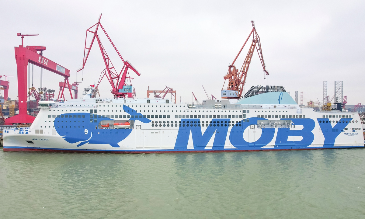 <em>Moby Legacy</em>, a 2,500-passenger, 3,800-lane-meter ro-pax ferry built by China State Shipbuilding Corporation for Italy's Moby Line Shipping company, sets sail in Guangzhou, South China's Guangdong Province, on December 19, 2023. The ship, one of the world's largest ro-pax ferries by tonnage, will operate along the Mediterranean coast. 
Photo: VCG