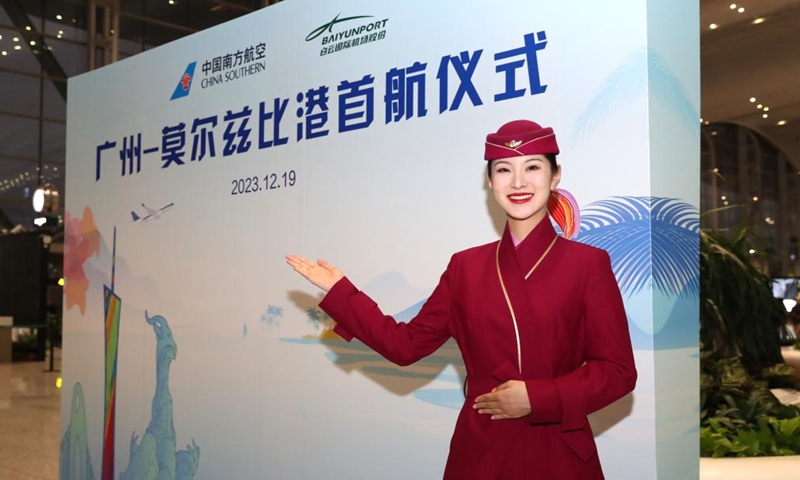 Flight CZ5055 awaits its maiden flight linking south China's Guangzhou and Port Moresby, the capital of Papua New Guinea (PNG), at the Guangzhou Baiyun International Airport in Guangzhou, south China's Guangdong Province, Dec. 19, 2023. China Southern Airlines launched a direct passenger route linking south China's Guangzhou and Port Moresby, the capital of Papua New Guinea (PNG), on Wednesday. Photo:Xinhua