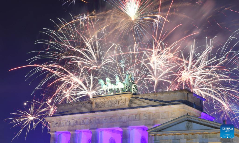 Fireworks are seen during a New Year celebration at the Brandenburg Gate in Berlin, Germany, Jan. 1, 2024. (Xinhua/Ren Pengfei)