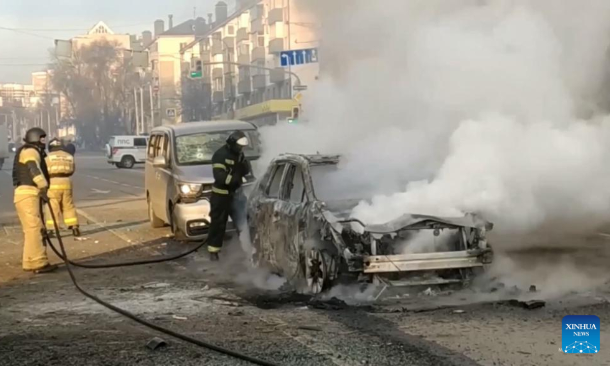 This screen capture from a video released by Russian Ministry of Emergency Situations on Dec 30, 2023 shows rescuers working at the site of Ukrainian shelling attacks in Russian border city of Belgorod. Photo:Xinhua