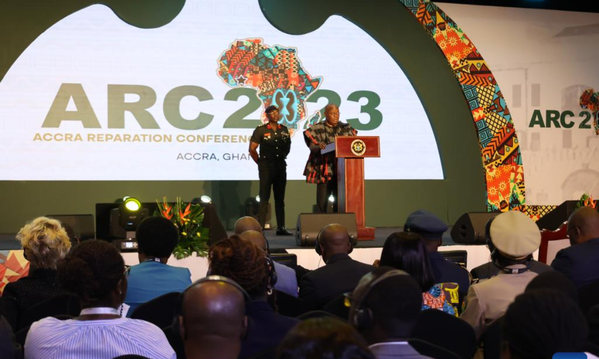 Ghanaian President Nana Addo Dankwa Akufo-Addo delivers a speech at the opening of the Accra Reparations Conference in the Ghanaian capital of Accra, Nov14, 2023. Ghanaian President Nana Addo Dankwa Akufo-Addo on Tuesday called for reparations for Africa over the effects of the trans-Atlantic slave trade on the continent. Photo:Xinhua