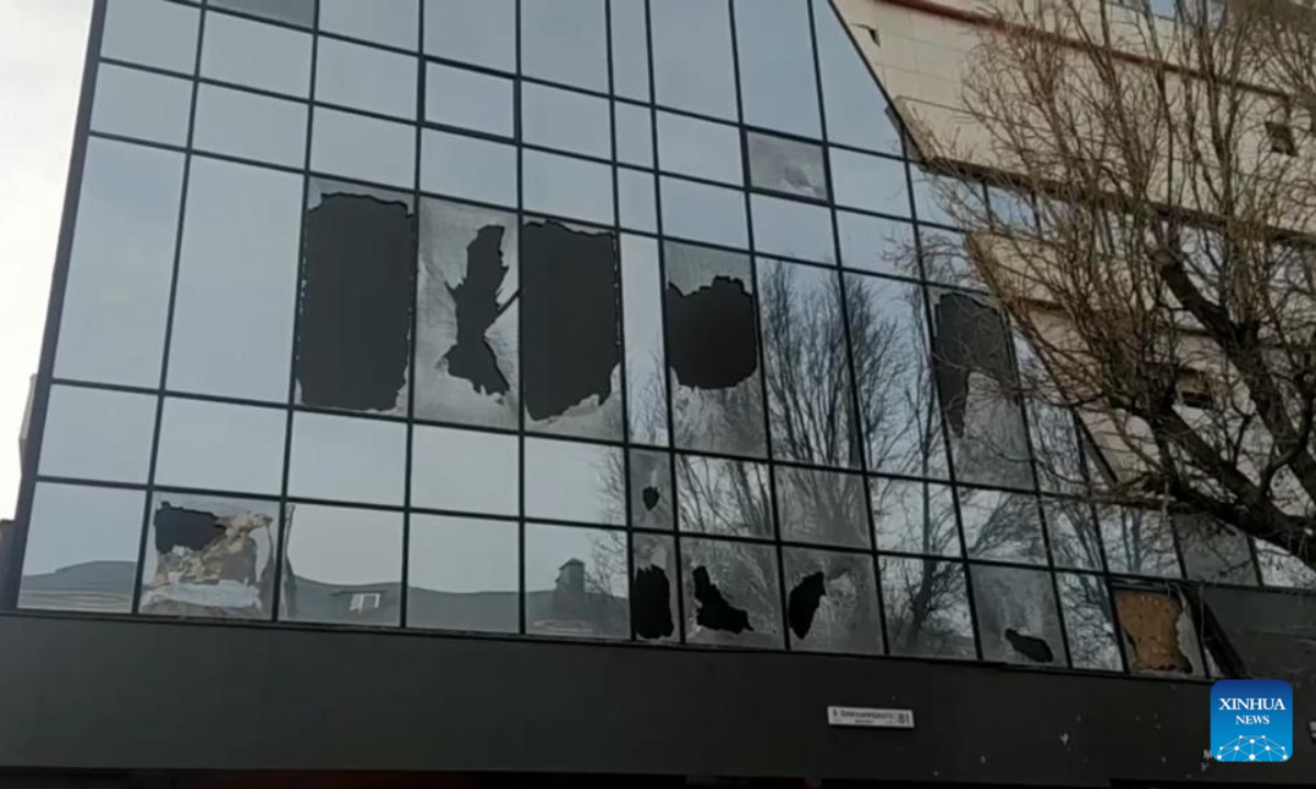 This screen capture from a video released by Russian Ministry of Emergency Situations on Dec 30, 2023 shows damaged buildings at the site of Ukrainian shelling attacks in Russian border city of Belgorod. Photo:Xinhua