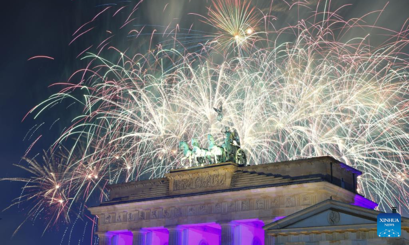Fireworks are seen during a New Year celebration at the Brandenburg Gate in Berlin, Germany, Jan. 1, 2024. (Xinhua/Ren Pengfei)