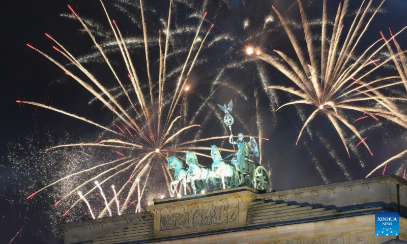 Fireworks are seen during a New Year celebration at the Brandenburg Gate in Berlin, Germany, Jan. 1, 2024. (Xinhua/Ren Pengfei)