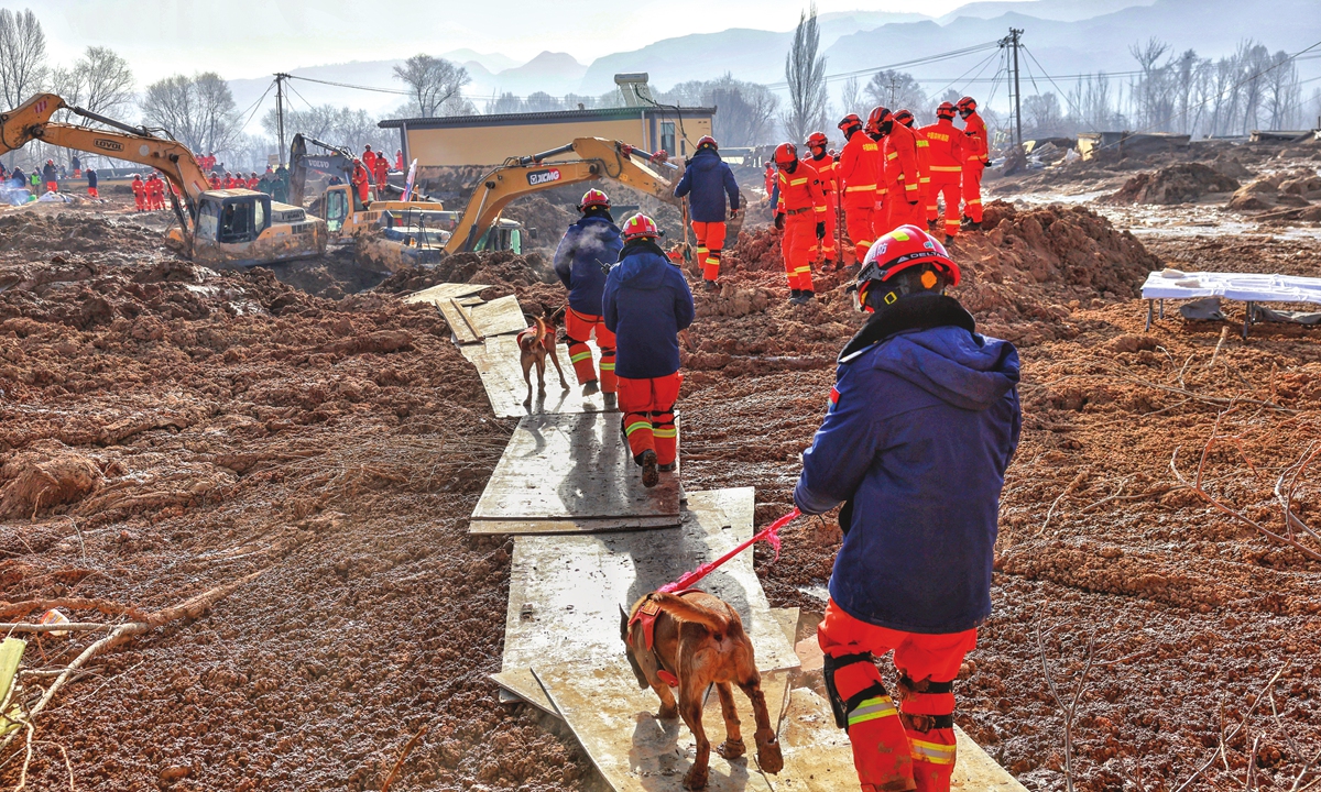 Rescue workers race against time to save lives on December 20, 2023, after a landslide swept Jintian village in Minhe county, Qinghai Province. Photo: Li Hao/GT