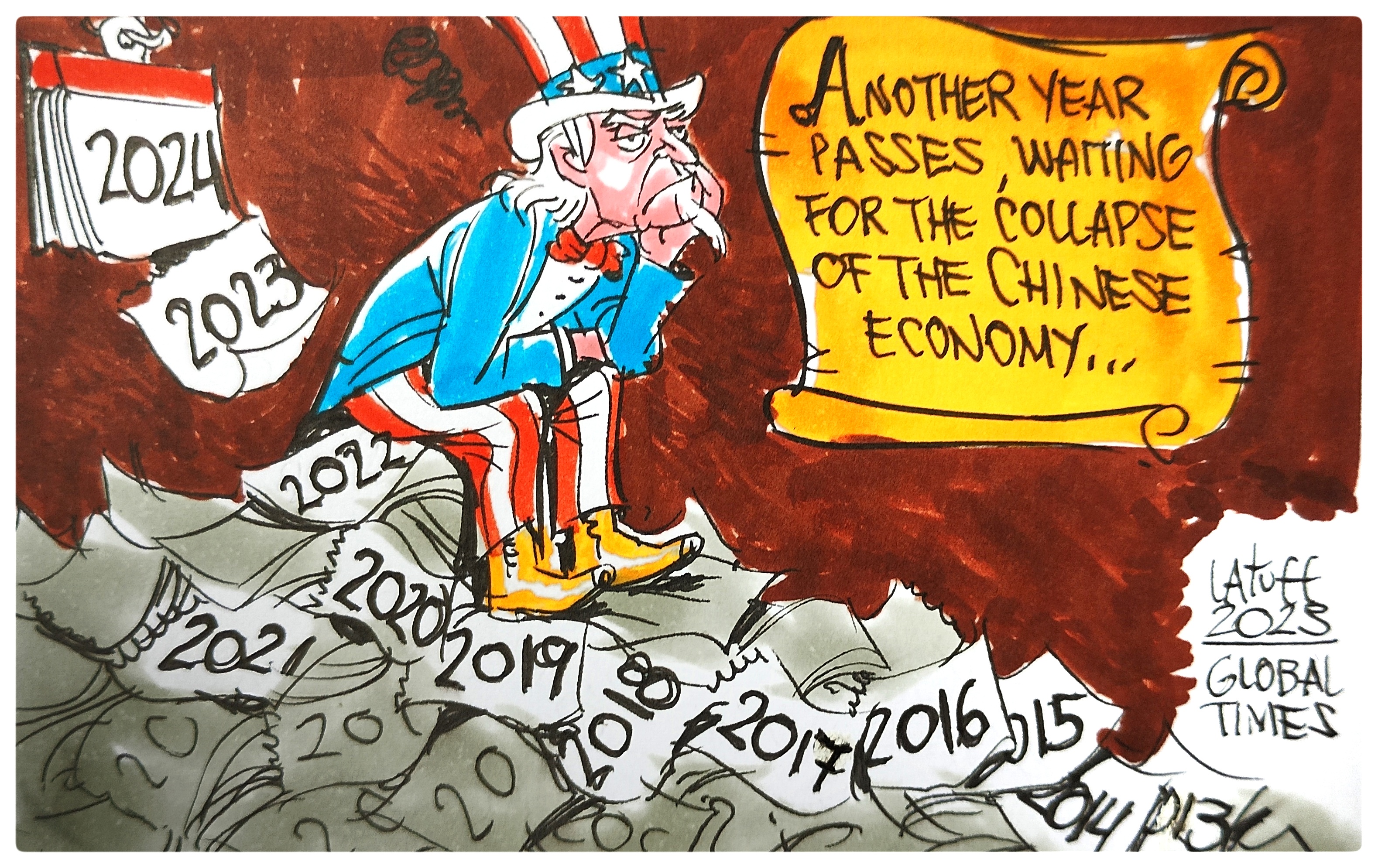 The never-ending wait for the collapse of China. Cartoon:Carlos Latuff