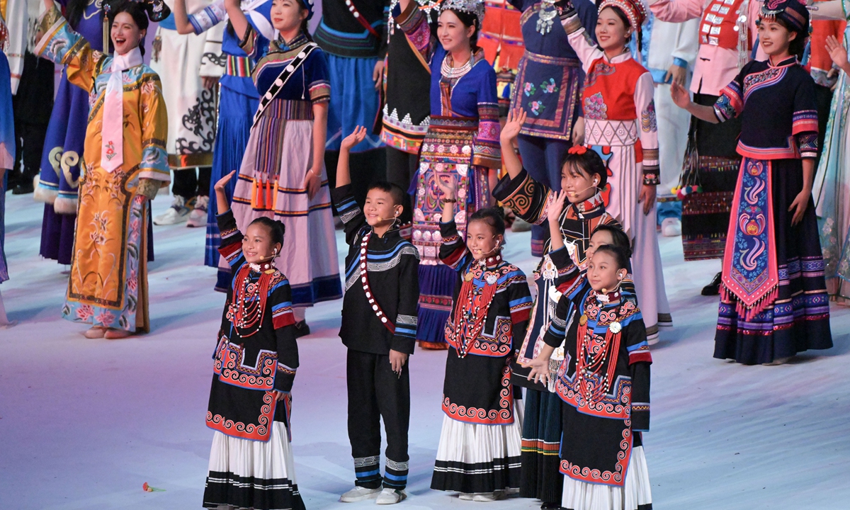 Jihaoyouguo and other children of Yi ethnic group (front row) perform during the opening ceremony of the 31st  World University Games in Chengdu of Southwest China's Sichuan Province, on July 28, 2023. Photo: Chen Tao/GT