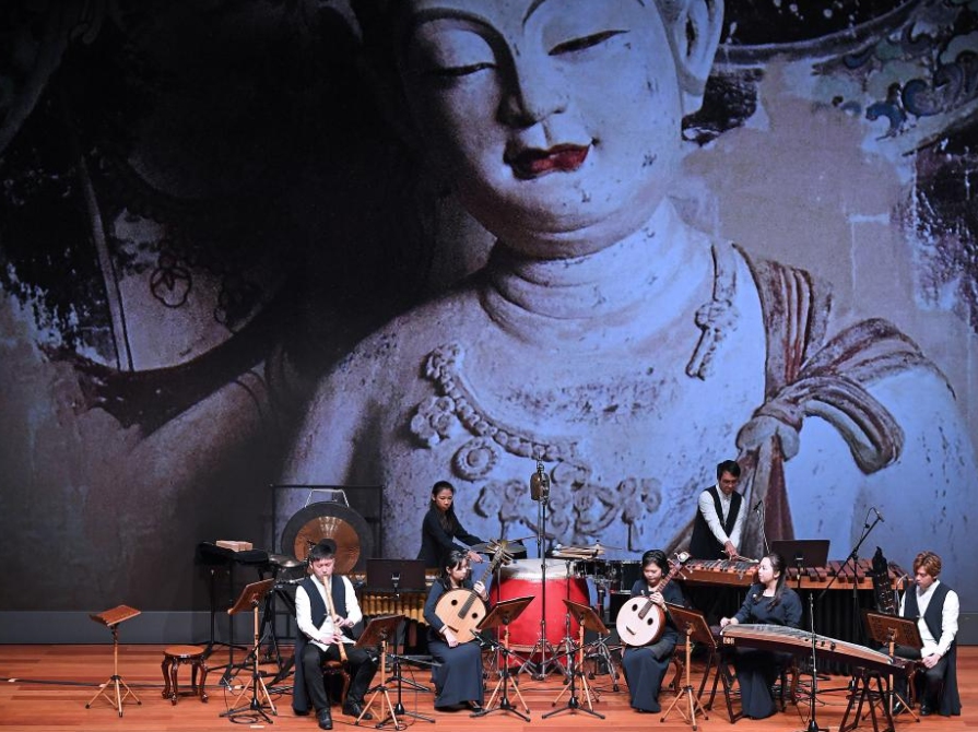 Members of the Hong Kong Gaudeamus Dunhuang Ensemble perform during the opening of the Hong Kong Palace Performing Showtime Carnival in Hong Kong, south China, Nov. 26, 2023. Photo:Xinhua 