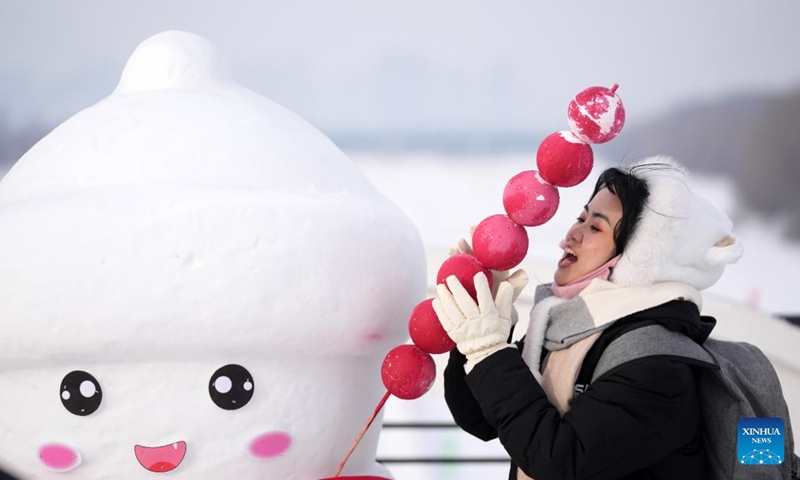 A tourist has fun at the Sun Island scenic area in Harbin, northeast China's Heilongjiang Province, Jan. 1, 2024. Heilongjiang Province has abundant ice-and-snow resources, making it a popular destination for winter tourism in China and attracting numerous tourists from home and abroad during the New Year holiday. (Photo:Xinhua)