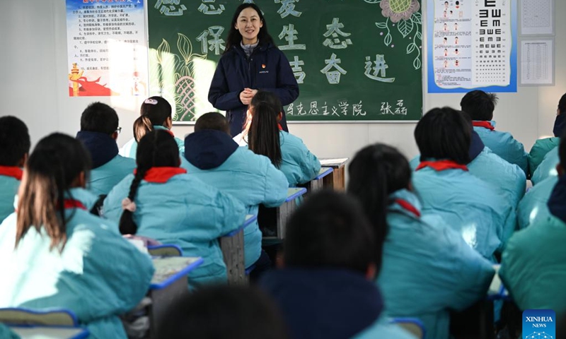 Students attend a class at the central school in Guanting Township of Minhe Hui and Tu Autonomous County, Haidong City, northwest China's Qinghai Province, Jan. 2, 2024. Quake-affected primary and secondary schools in Qinghai resumed offline classes on Tuesday.  (Photo: Xinhua)