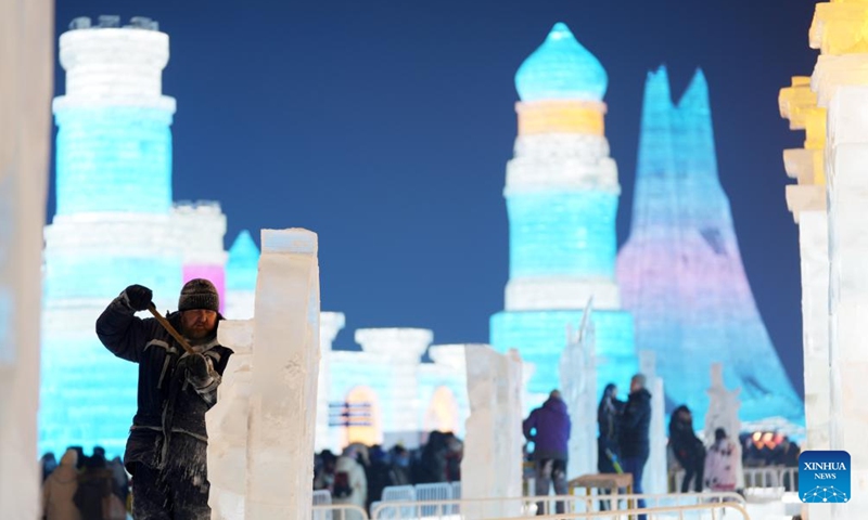 Competitors work on ice sculptures during the 35th Harbin International Ice Sculpture Competition at Harbin Ice-Snow World in Harbin, northeast China's Heilongjiang Province, Jan. 2, 2024. The three-day competition kicked off here on Tuesday. (Photo: Xinhua)