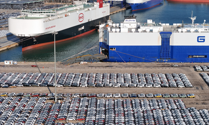 A large number of China-made cars are waiting for shipment for export at Yantai Port, East China's Shandong Province, on January 10, 2024. Photo: VCG