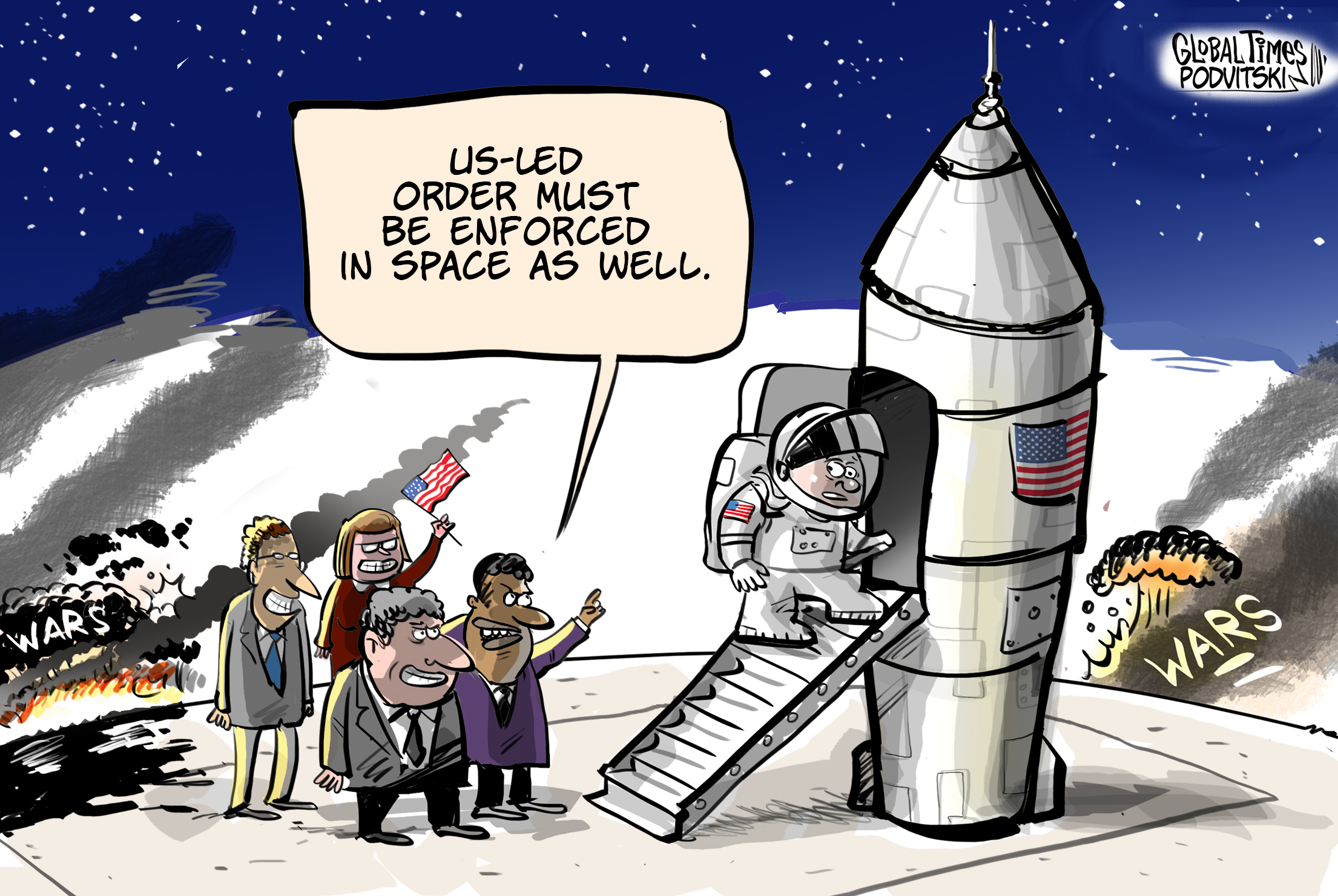 The US seeks to extend its hegemony into space. Cartoon: Vitaly Podvitski