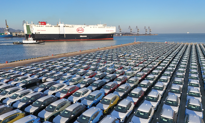 BYD Explorer No. 1 roll-on/roll-off ship, BYD Co.'s first chartered cargo ship for exports of electric vehicles, leaves a berth at Yantai Port in East China's Shandong Province, on January 9, 2024. The ship is destined for ports of Vlissingen in the Netherlands and Bremerhaven in Germany. Photo: VCG