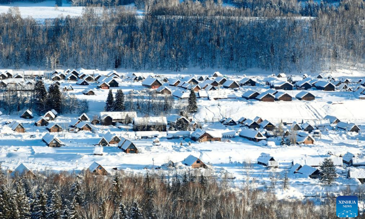 An aerial drone photo taken on Jan 17, 2024 shows a view of Hemu Village after snow in Altay Prefecture, northwest China's Xinjiang Uygur Autonomous Region. Photo:Xinhua