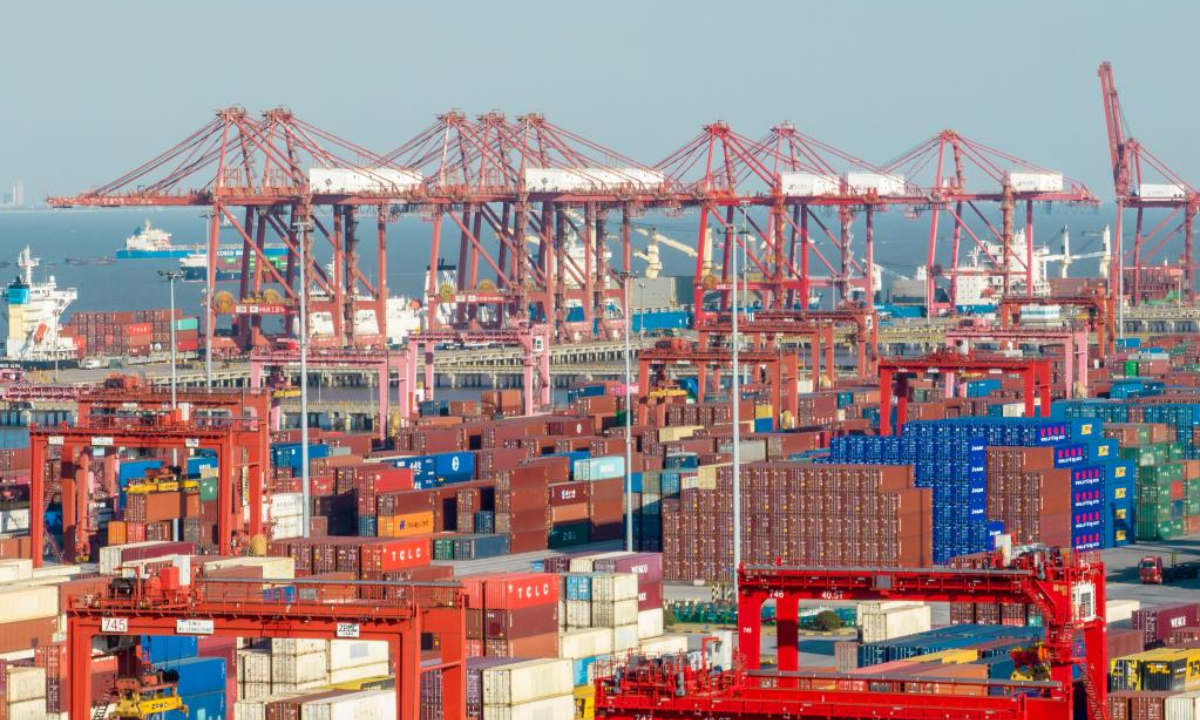 This aerial photo taken on March 13, 2023 shows a container terminal of Taicang Port, east China's Jiangsu Province. Photo:Xinhua