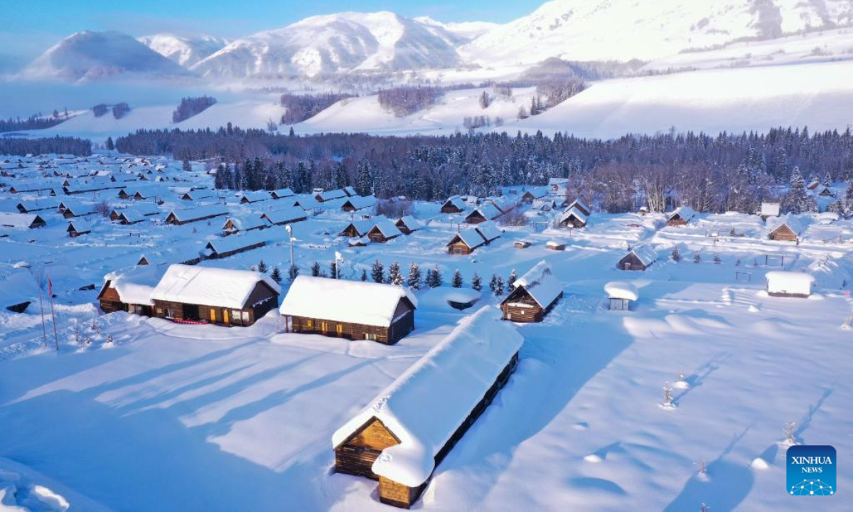 An aerial drone photo taken on Jan 17, 2024 shows a view of Hemu Village after snow in Altay Prefecture, northwest China's Xinjiang Uygur Autonomous Region. Photo:Xinhua
