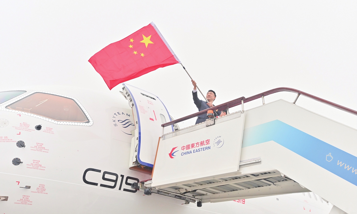 China's first domestically made passenger plane C919 takes maiden commercial flight from Shanghai to Beijing on May 28, 2023. Photo: IC