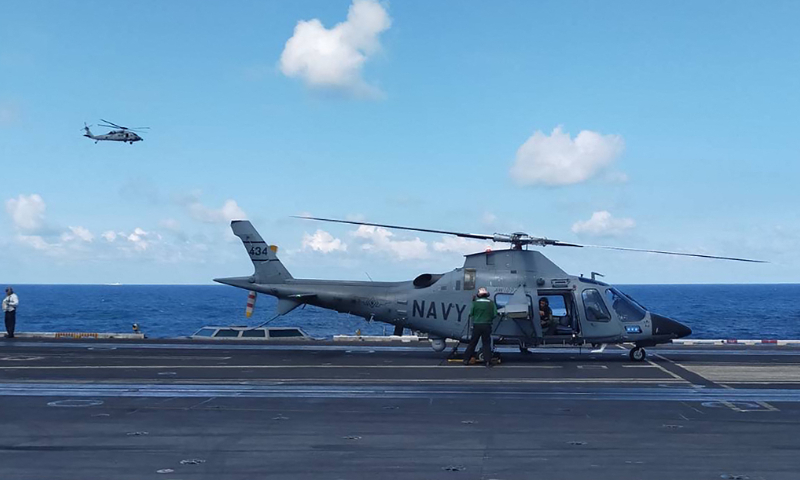 The photo taken on January 4, 2024 shows Filipino military personnel inspecting their aircraft on the US aircraft carrier USS Carl Vinson before takeoff. Photo: VCG