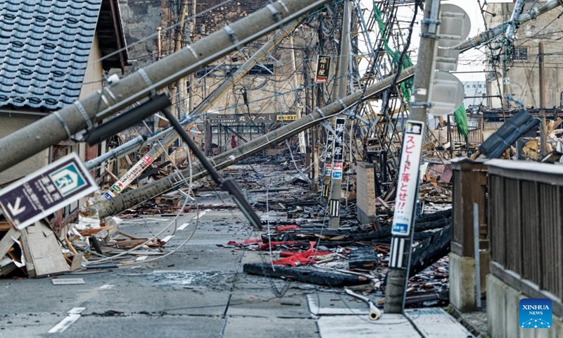 This photo taken on Jan. 4, 2024 shows the Wajima Morning Market which has been burned down by a large blaze following a series of earthquakes in Wajima city, Ishikawa prefecture, Japan. The death toll has surged to 126 in the central Japanese prefecture of Ishikawa after a series of earthquakes of up to 7.6 magnitude struck the prefecture and its vicinity.(Xinhua/Zhang Xiaoyu)
