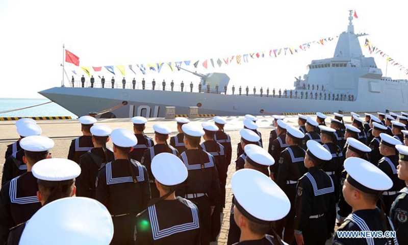 Photo taken on Jan. 12, 2020 shows the ceremony of the commissioning of the Nanchang, China's first Type 055 guided-missile destroyer, in the port city of Qingdao, east China's Shandong Province. The commission of Nanchang marks the Navy's leap from the third generation to the fourth generation of destroyers, according to a statement from the Navy. Photo: Xinhua