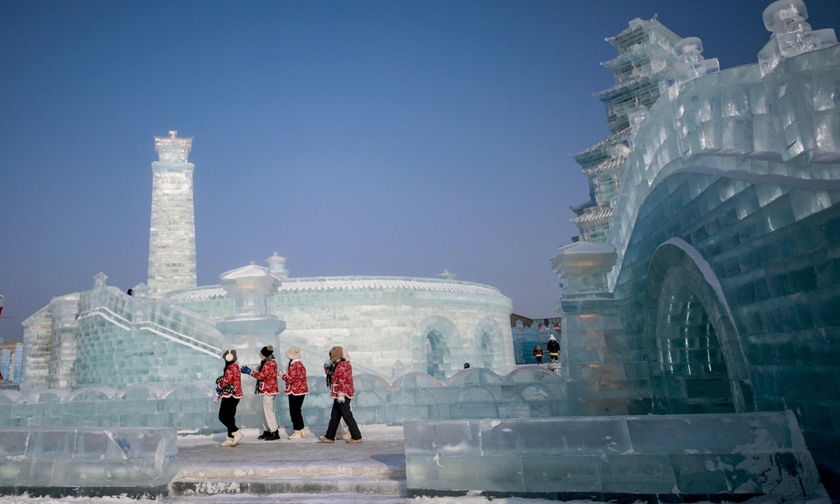 Tourists visit the Harbin Ice and Snow World in Harbin, Northeast China's Heilongjiang Province, on January 5, 2024. Photo: VCG