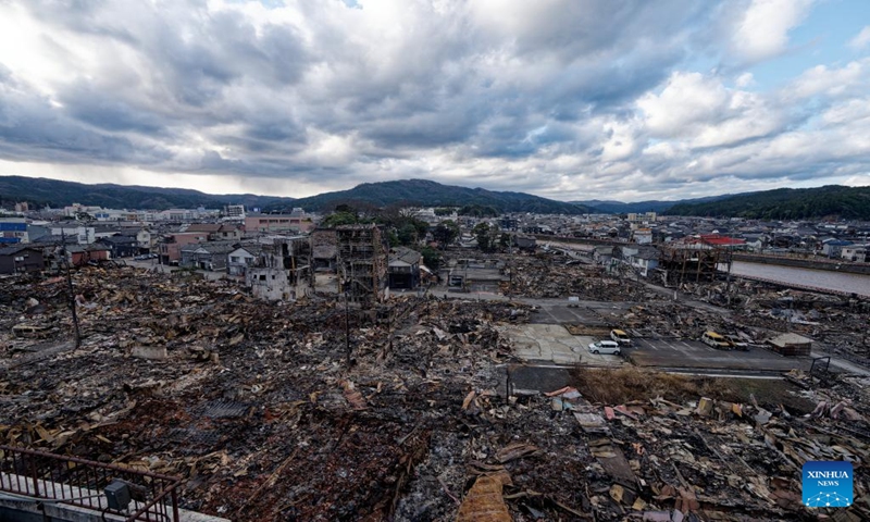 This photo taken on Jan. 4, 2024 shows the Wajima Morning Market which has been burned down by a large blaze following a series of earthquakes in Wajima city, Ishikawa prefecture, Japan.  (Xinhua/Zhang Xiaoyu)