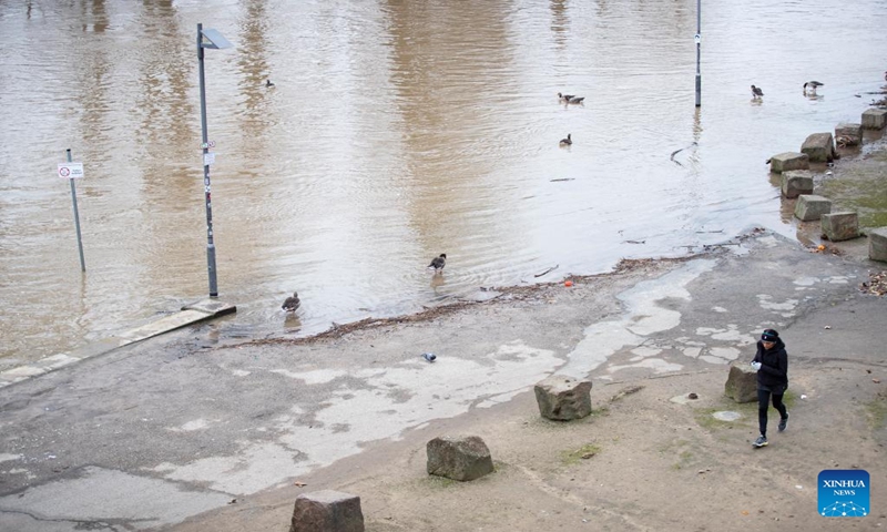 A woman jogs along the submerged river bank in Frankfurt, Germany, Jan. 7, 2024. Some areas in Frankfurt were flooded due to continuous rainfall and rising water level of the Main River. (Xinhua/Zhang Fan)