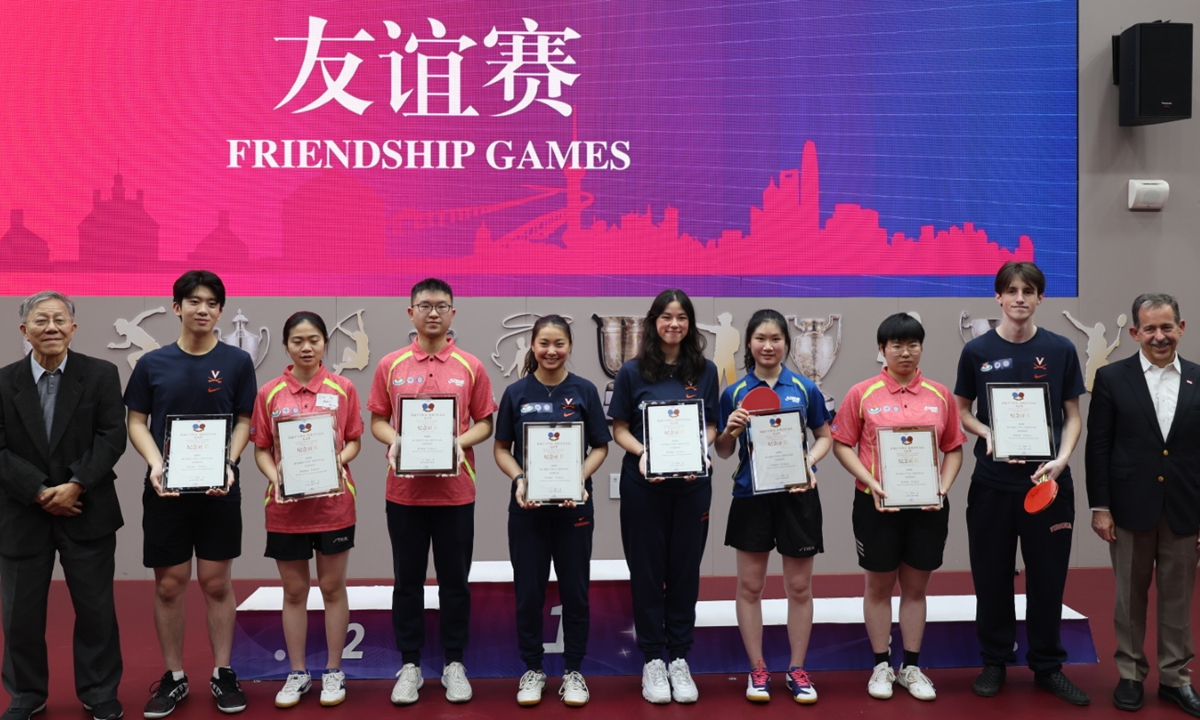 Students have a group photo taken after a table tennis match in Shanghai on January 9, 2024. Photo: Courtesy of the International Table Tennis Federation Museum and China Table Tennis Museum