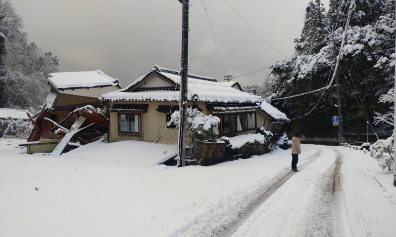 This photo taken on Jan. 8, 2024 shows a street view in Suzu city, Ishikawa prefecture, Japan. The death toll has climbed to 168 in Japan's Ishikawa on Monday after a series of earthquakes of up to 7.6 magnitude struck the central prefecture and its vicinity last week, as heavy snow and rain have hampered rescue operations. (Photo: Xinhua)