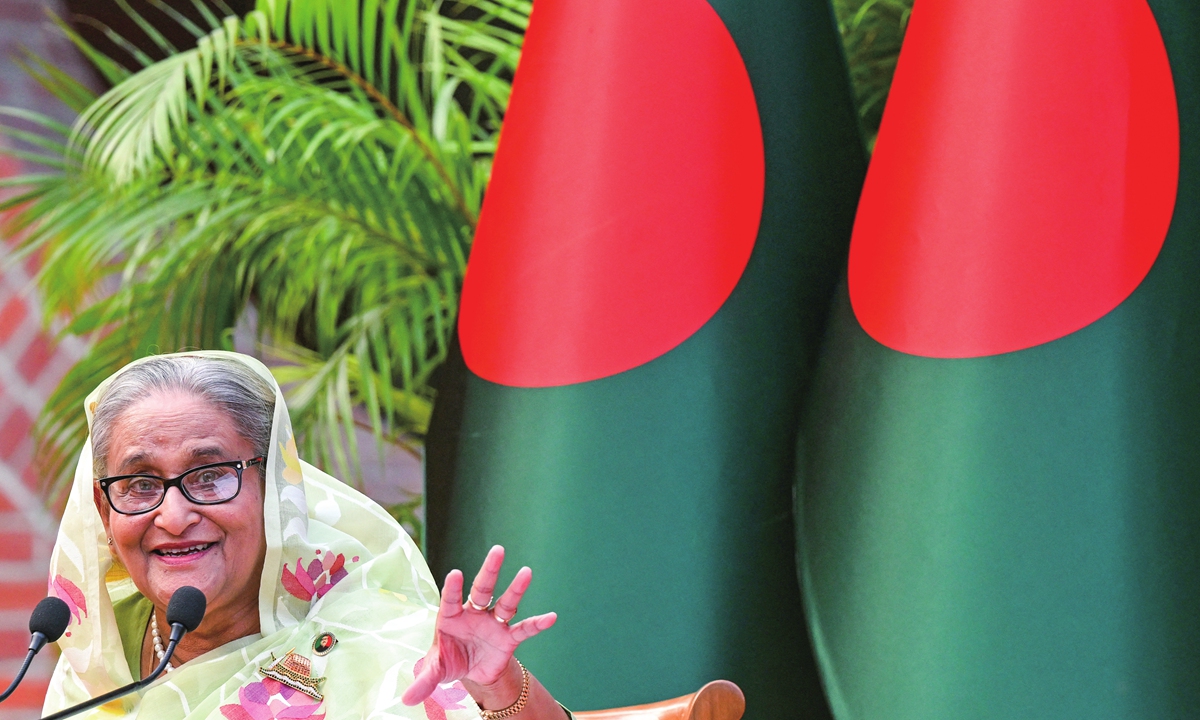 Bangladesh's Prime Minister Sheikh Hasina gestures while speaking to the media, a day after she won the 12th 
parliamentary elections, in Dhaka on January 8, 2024. Photo: AFP