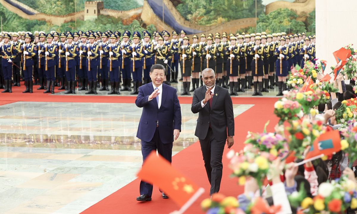 Chinese President Xi Jinping holds a welcoming ceremony for President of the Republic of Maldives Mohamed Muizzu at the Great Hall of the People in Beijing on January 10, 2024. Photo: Xinhua