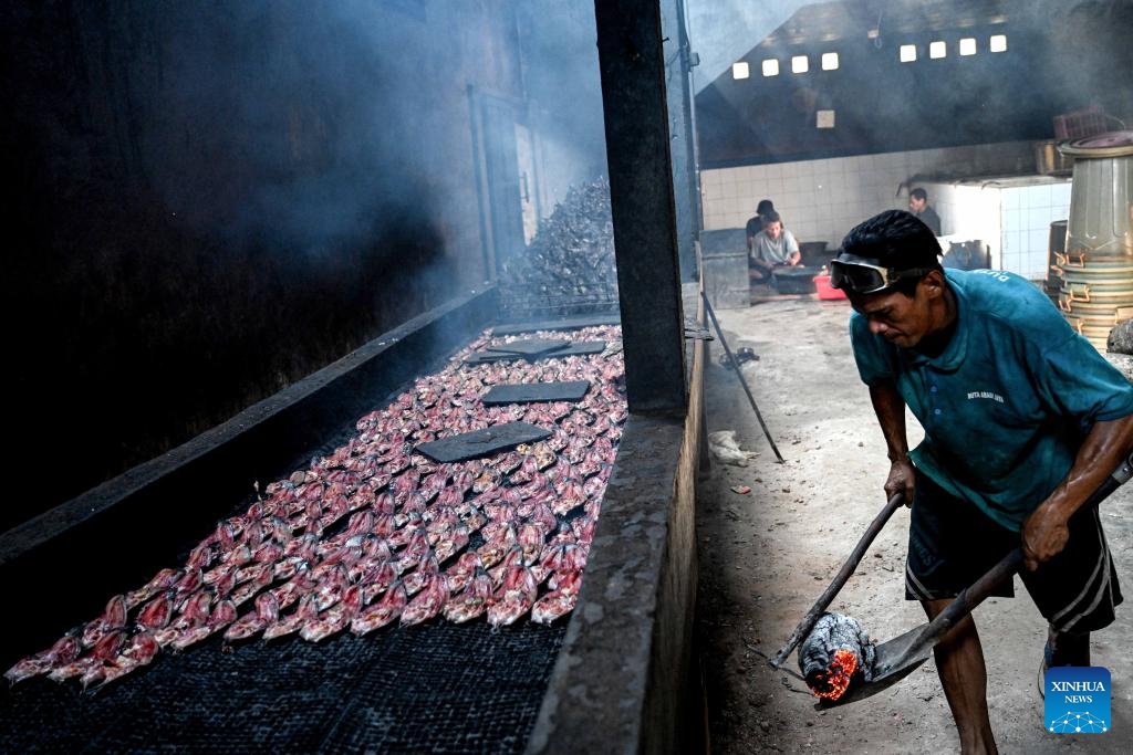 A worker prepares firewood to smoke catfish slices at a traditional workshop in Bogor, West Java, Indonesia, on Jan. 10, 2024. This traditional workshop in Bogor produces up to 500 kilograms of smoked catfish slices daily for domestic consumption as well as export to Malaysia and Nigeria.(Photo: Xinhua)