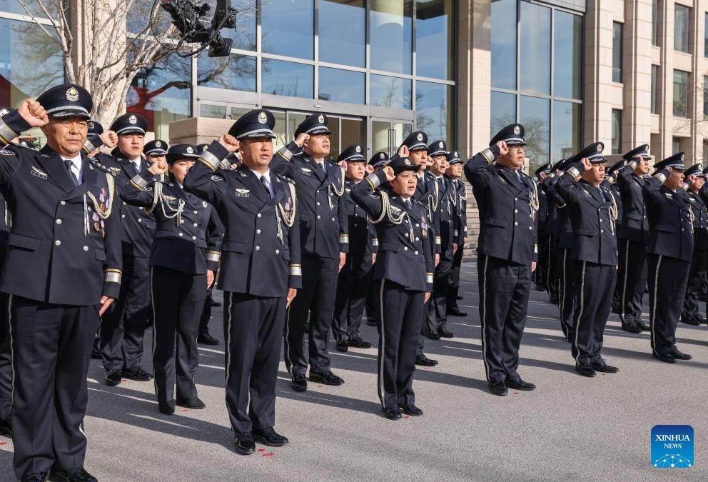 Police officers take part in a flag-raising ceremony at the Ministry of Public Security in Beijing, capital of China, Jan. 10, 2024. China marked its fourth national police day on Wednesday.(Photo: Xinhua)