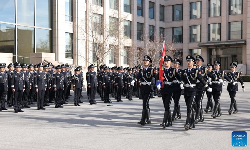 A flag-raising ceremony is held at the Ministry of Public Security in Beijing, capital of China, Jan. 10, 2024. China marked its fourth national police day on Wednesday.(Photo: Xinhua)