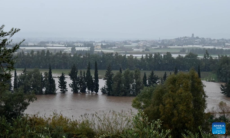 This photo taken on Jan. 13, 2024 shows the flooded fields in Akkar area of Tartus Province, northwestern Syria. Four people were killed on Saturday as their car slid off a bridge into a heavy rainfall-induced water stream in the northwestern Syrian province of Tartus, the local Sham FM radio reported.Numerous villages in the province experienced heavy downpours and suffered the subsequent widespread flooding, said the report, citing Provincial Governor Hassan Hassan. (Str/Xinhua)