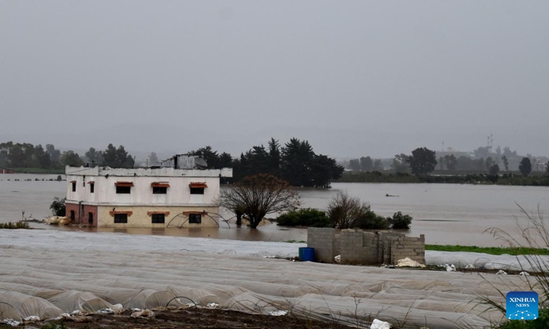This photo taken on Jan. 13, 2024 shows the flooded fields in Akkar area of Tartus Province, northwestern Syria. Four people were killed on Saturday as their car slid off a bridge into a heavy rainfall-induced water stream in the northwestern Syrian province of Tartus, the local Sham FM radio reported.Numerous villages in the province experienced heavy downpours and suffered the subsequent widespread flooding, said the report, citing Provincial Governor Hassan Hassan. (Str/Xinhua)