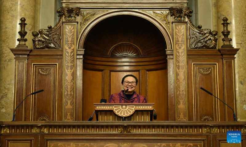 Chinese Ambassador to Austria Qi Mei speaks during an event, hosted by the Confucius Institute of the University of Vienna, in celebration of the upcoming Spring Festival in Vienna, Austria, on Jan. 12, 2024. (Xinhua/He Canling)