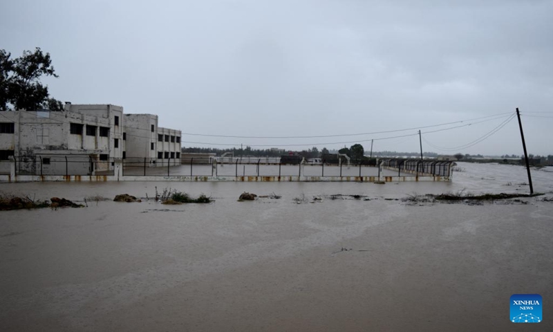 This photo taken on Jan. 13, 2024 shows the flooded fields in Akkar area of Tartus Province, northwestern Syria. Four people were killed on Saturday as their car slid off a bridge into a heavy rainfall-induced water stream in the northwestern Syrian province of Tartus, the local Sham FM radio reported.Numerous villages in the province experienced heavy downpours and suffered the subsequent widespread flooding, said the report, citing Provincial Governor Hassan Hassan. (Str/Xinhua)