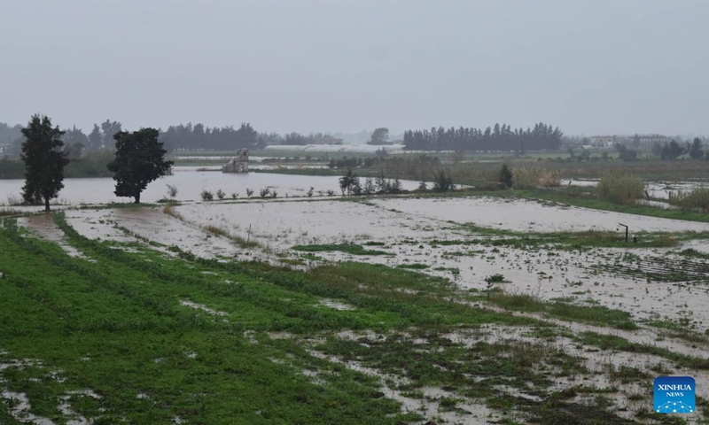 This photo taken on Jan. 13, 2024 shows the flooded fields in Akkar area of Tartus Province, northwestern Syria. Four people were killed on Saturday as their car slid off a bridge into a heavy rainfall-induced water stream in the northwestern Syrian province of Tartus, the local Sham FM radio reported.Numerous villages in the province experienced heavy downpours and suffered the subsequent widespread flooding, said the report, citing Provincial Governor Hassan Hassan. (Str/Xinhua)