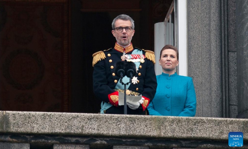 Denmark's newly proclaimed King Frederik X delivers a speech on the balcony of Christiansborg Palace in Copenhagen, Denmark, Jan. 14, 2024. Denmark's Crown Prince Frederik was formally proclaimed king by the country's prime minister Mette Frederiksen on Sunday. (Xinhua/Lin Jing)