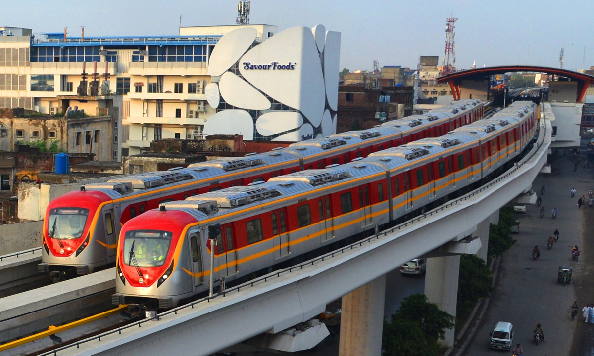Orange Line metro trains run in Lahore, Pakistan. An average of 120,000 people travel by the line every day, which was built under the framework of the China-Pakistan Economic Corridor. Photo: VCG