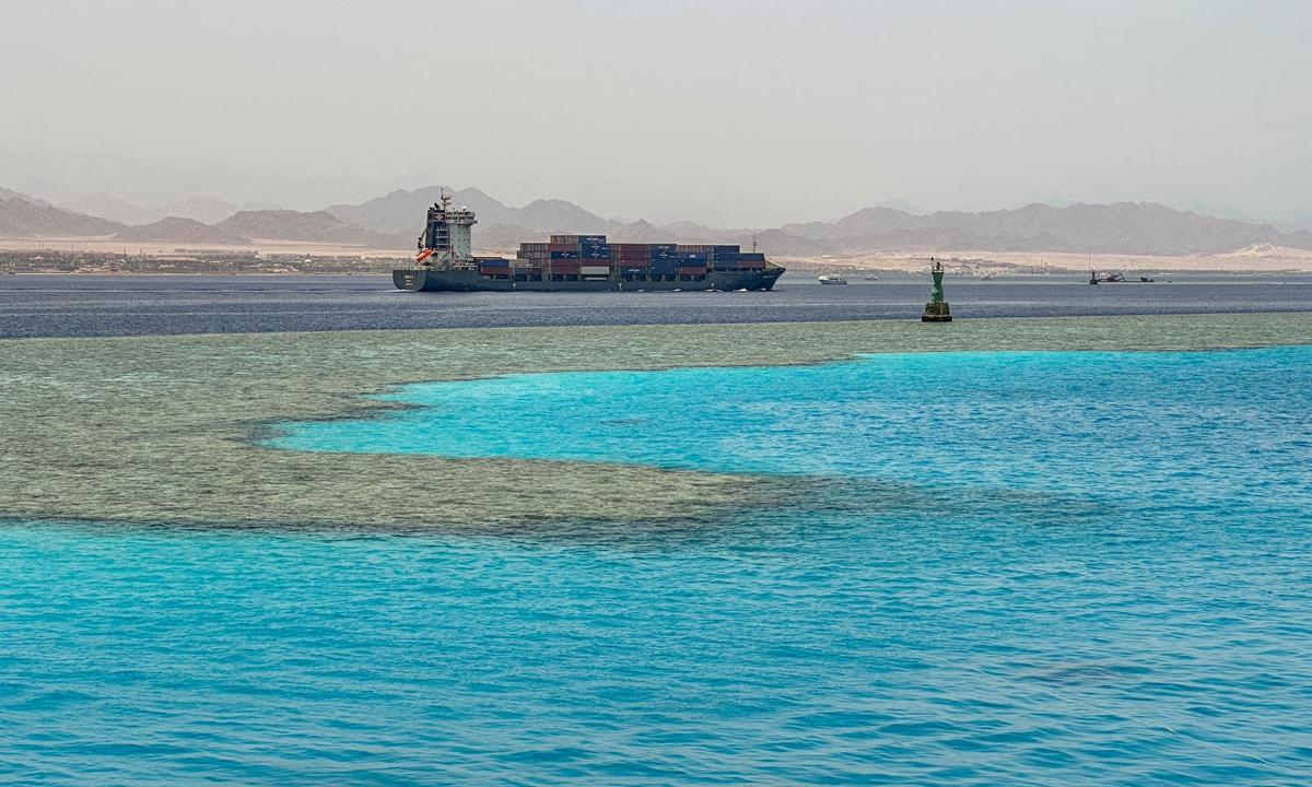 A container ship sails in the Red Sea in the Straits of Tiran in 2023. Photo: IC