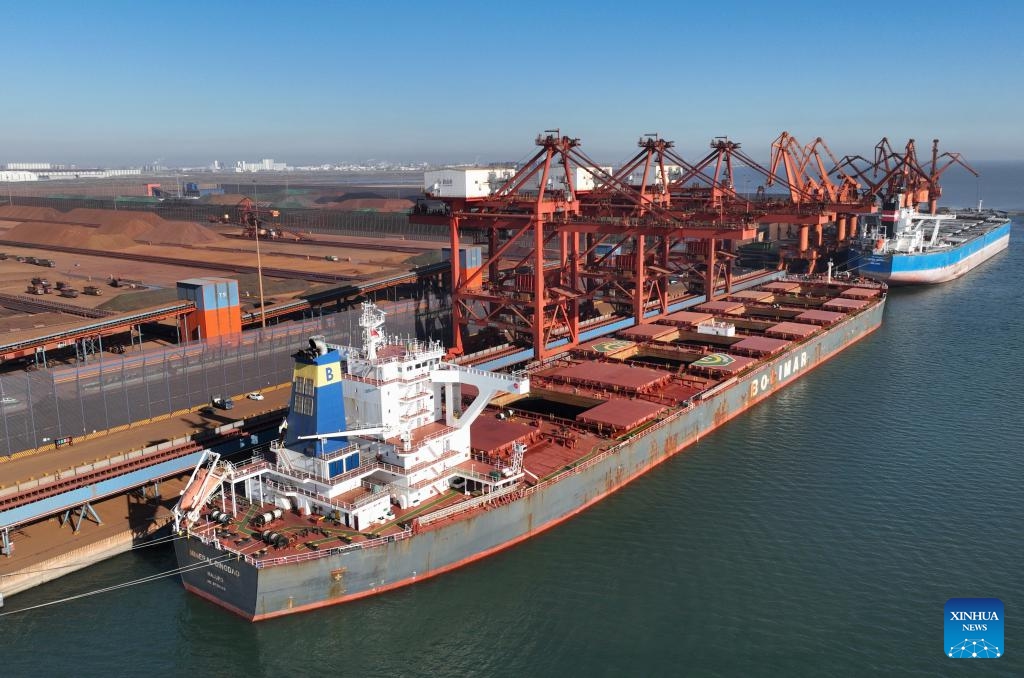 An aerial drone photo taken on Jan. 15, 2024 shows ships at an ore terminal of Tangshan Port in north China's Hebei Province. In 2023, the cargo throughput at Tangshan Port surpassed 842.17 million tonnes, up 9.53 percent year on year, according to port authorities.(Photo: Xinhua)