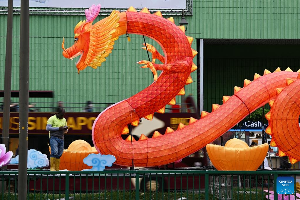 A dragon-shaped light installation in celebration of the upcoming Chinese Lunar New Year is pictured at Singapore's Chinatown on Jan. 15, 2024.(Photo: Xinhua)