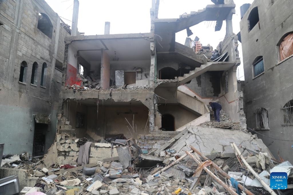 This photo taken on Jan. 12, 2024 shows destroyed buildings at Jabalia refugee camp in the northern Gaza Strip. The Israeli bombing has rendered more than 70 percent of the northern Gaza Strip uninhabitable, the Palestinian Civil Defence said in a statement on Monday.(Photo: Xinhua)