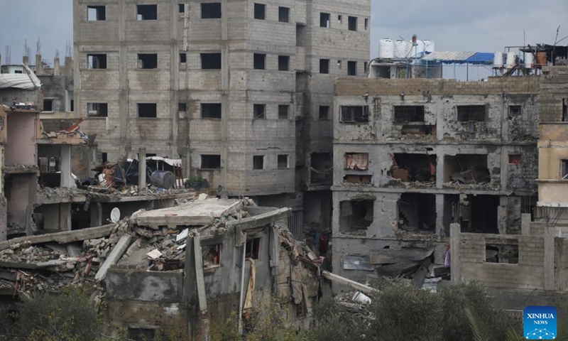 This photo taken on Jan. 12, 2024 shows destroyed buildings at Jabalia refugee camp in the northern Gaza Strip. The Israeli bombing has rendered more than 70 percent of the northern Gaza Strip uninhabitable, the Palestinian Civil Defence said in a statement on Monday.(Photo: Xinhua)