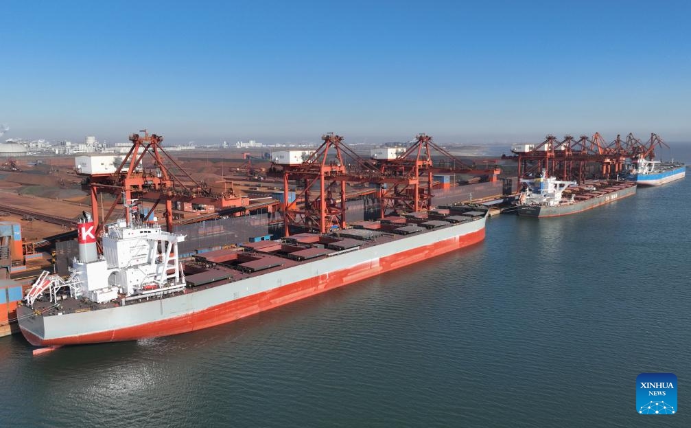 An aerial photo taken on Jan. 15, 2024 shows ships at an ore terminal of Tangshan Port in north China's Hebei Province. In 2023, the cargo throughput at Tangshan Port surpassed 842.17 million tonnes, up 9.53 percent year on year, according to port authorities.(Photo: Xinhua)