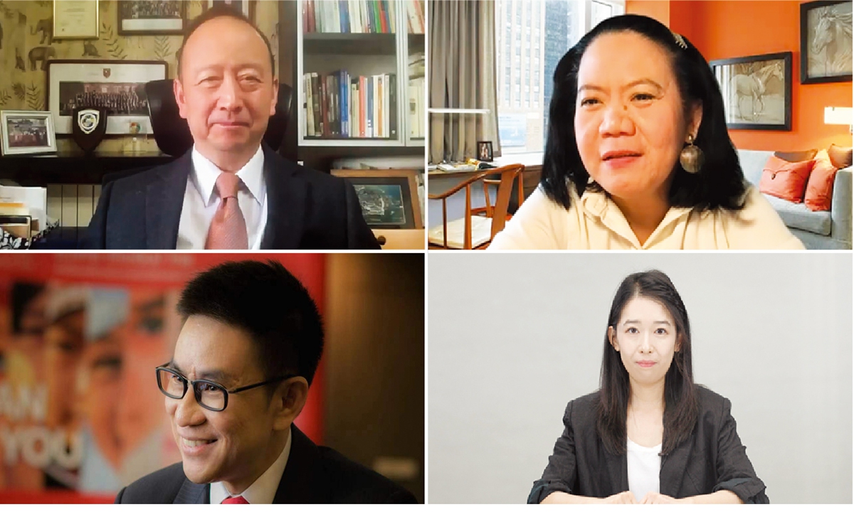 Clockwise from top left: Zhou Bo, Anna Rosario Malindog-Uy, Li Aixin, and John Pang, discuss the South China Sea issue during Global Minds Roundtable on January 10, 2024. Photo: screenshot